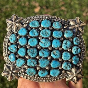 Native American Sterling Silver Blue Turquoise Cluster Belt Buckle Signed
